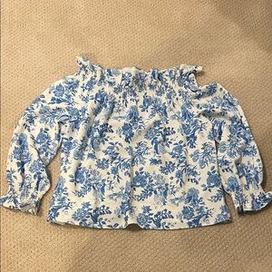 Floral Blue and White Womens Off the Shoulder Top